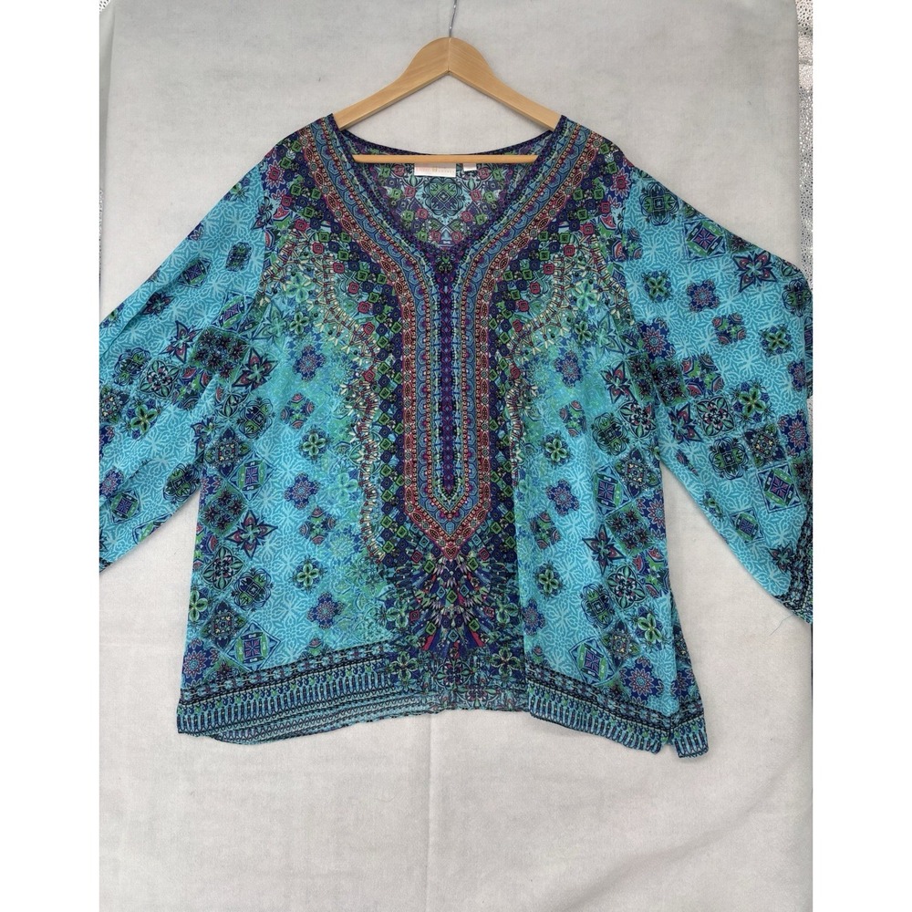 Belle Kim Carvel Mid-Sleeve Chiffon-Style Tunic Turquoise Sheer Blouse XL